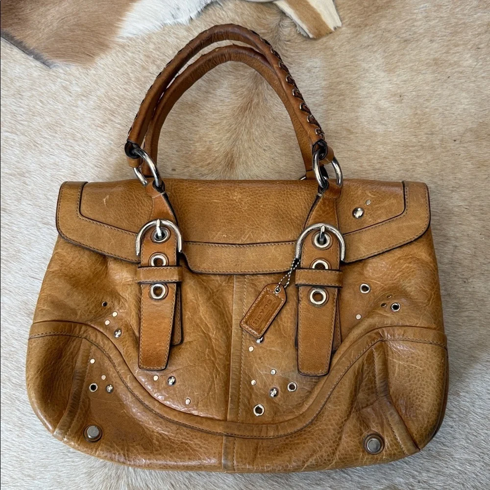 vintage Y2K Coach Hampton satchel in a tan color leather silver studs braided